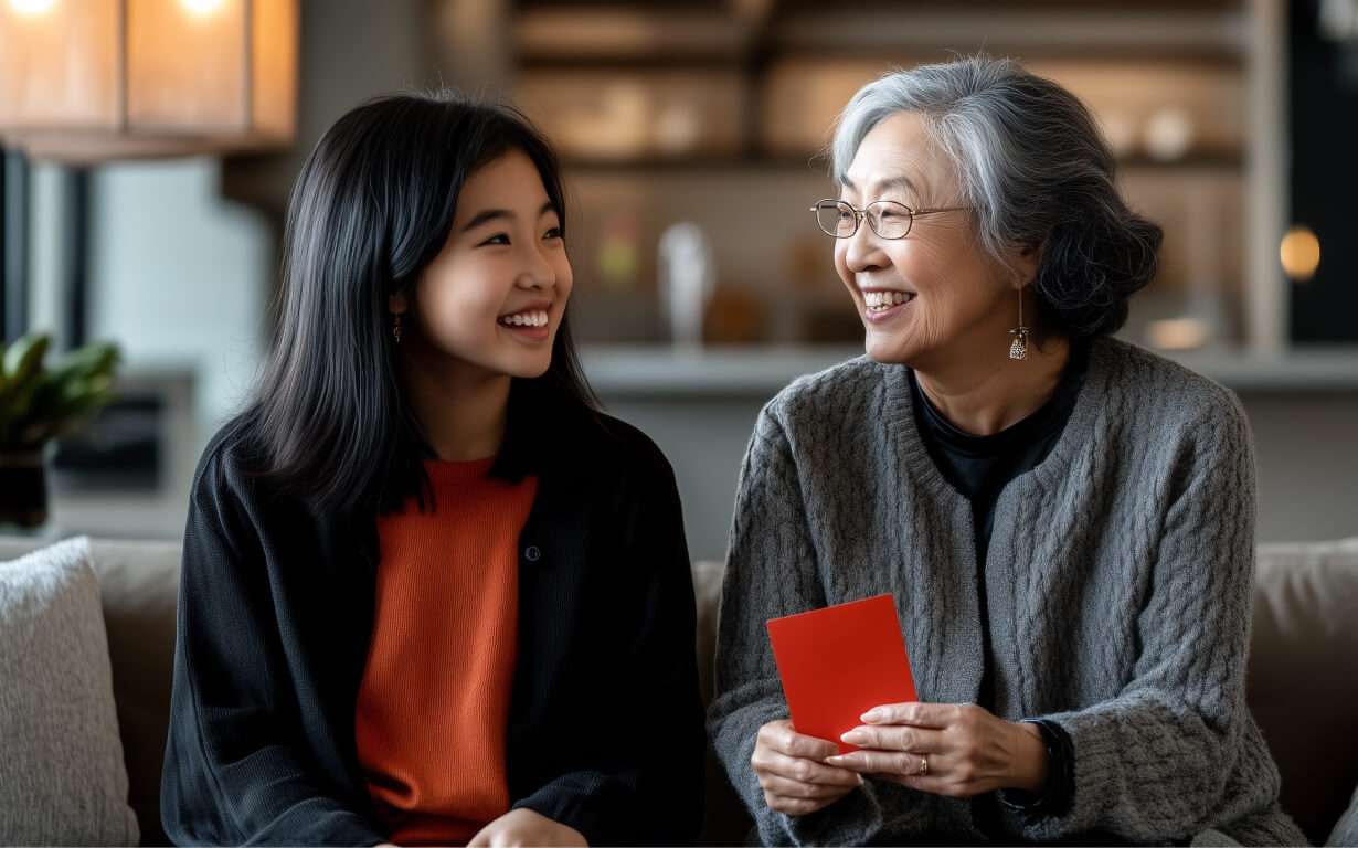 In a cozy, warmly lit room, a smiling older woman with gray hair and glasses hands a red envelope to a younger woman with black hair. They sit together on the couch, embodying the warmth and connection that often highlights how Mother's Day is celebrated.