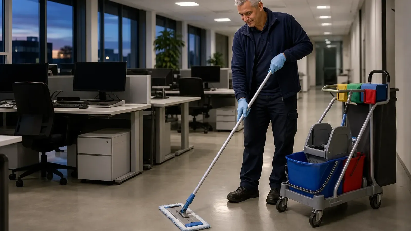 Ein Reinigungsmitarbeiter wischt am Abend mit einem Flachwischer den Boden zwischen den Schreibtischreihen eines Großraumbüros, daneben steht sein Reinigungswagen.
