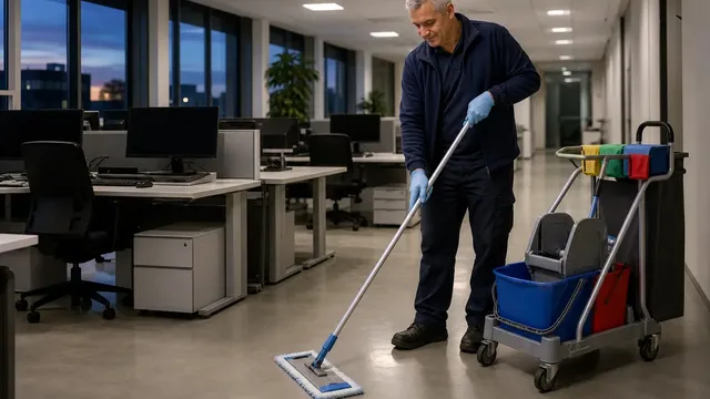 Ein Reinigungsmitarbeiter wischt am Abend mit einem Flachwischer den Boden zwischen den Schreibtischreihen eines Großraumbüros, daneben steht sein Reinigungswagen.