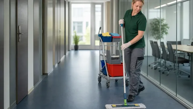 Eine Reinigungskraft wischt frühmorgens den Boden eines Büroflurs, daneben steht der Reinigungswagen mit getrennten Eimern.