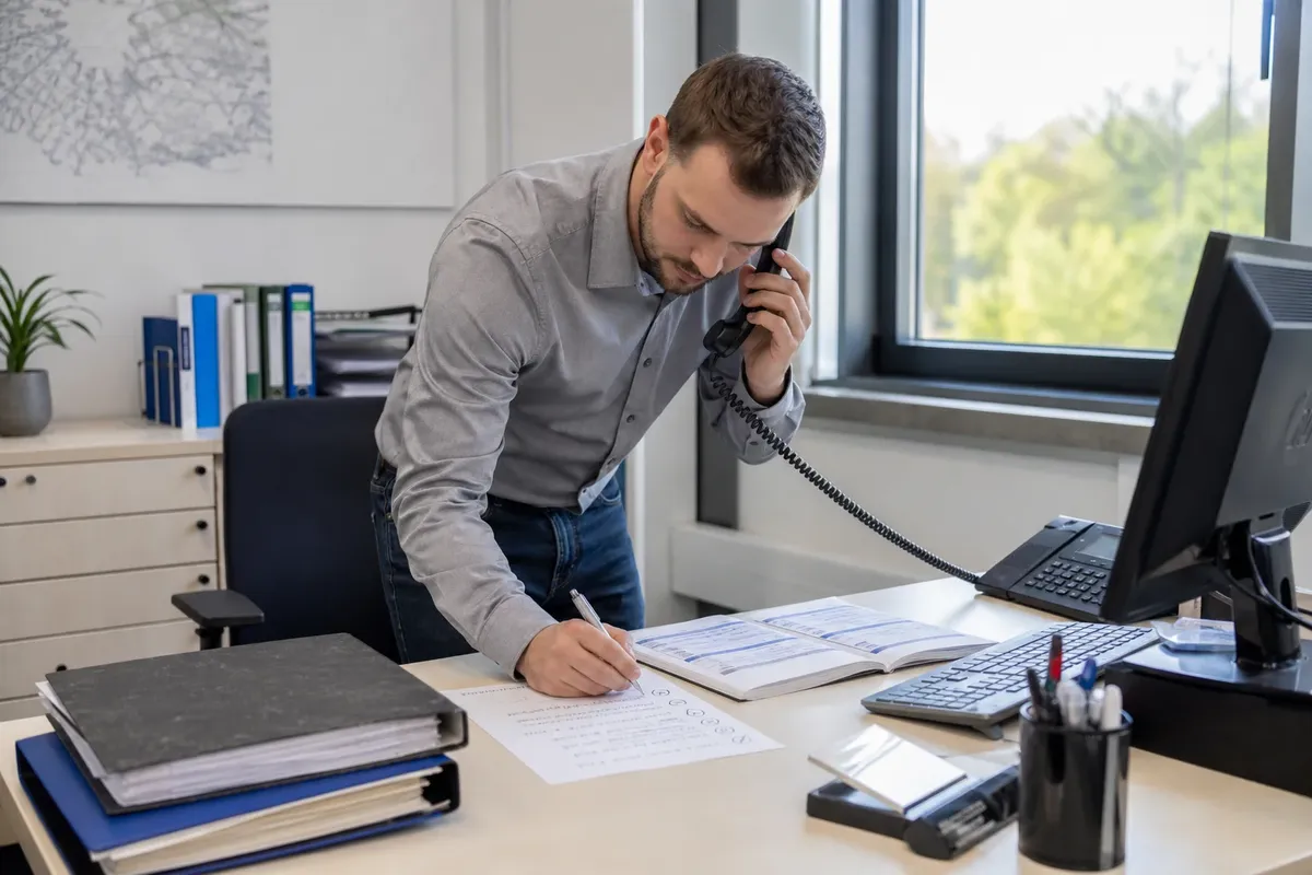 Ein Facility-Verantwortlicher telefoniert mit einem Reinigungsanbieter und hakt dabei seine Fragen zu Ansprechpartner, Vertretung und Reaktionszeit auf einer Liste ab.