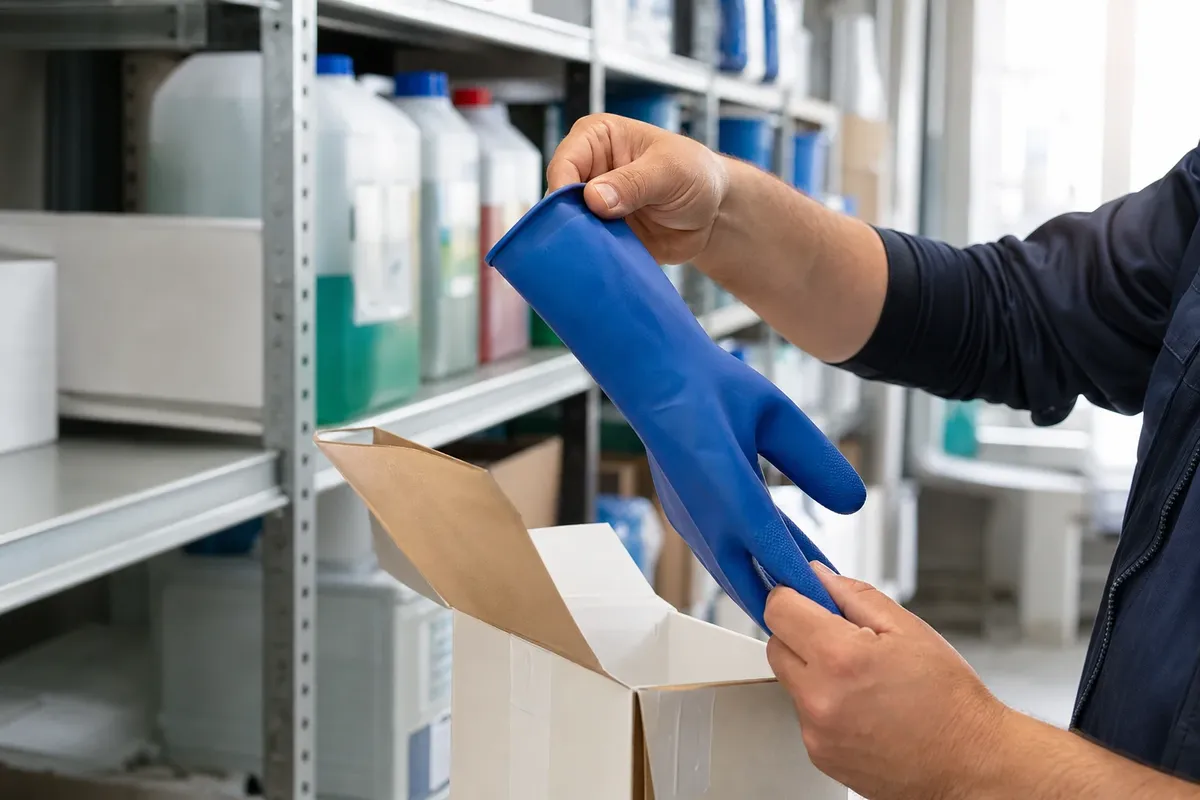 Nahaufnahme: Die Hände eines Reinigungsmitarbeiters halten am Lagerregal ein Paar blauer Nitrilhandschuhe mit verlängerter Stulpe prüfend ins Licht.