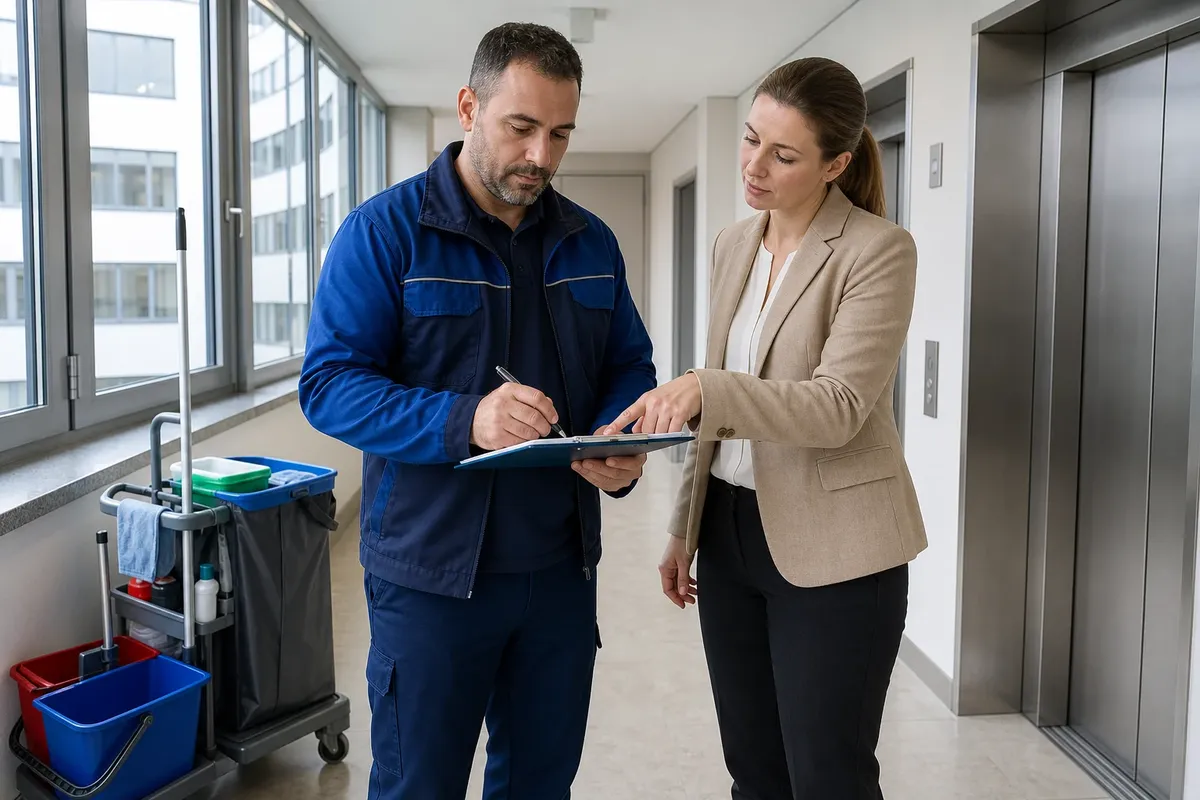 Ein Objektleiter mit Klemmbrett notiert bei einer Begehung im Aufzugsvorraum einer Büroetage Angaben, neben ihm eine Verwaltungsmitarbeiterin im beigen Blazer.