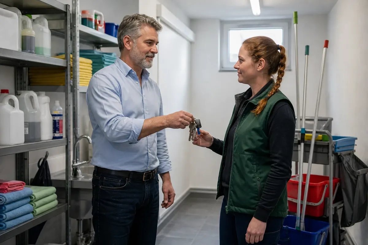 Ein Hausverwalter übergibt im Materialraum eines Bürogebäudes Schlüssel und Transponder an die Objektleiterin des neuen Reinigungsdienstleisters.