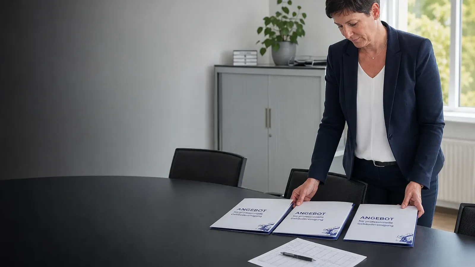 Eine Verwaltungsleiterin legt im Besprechungsraum drei Angebotsmappen für die Büroreinigung nebeneinander und notiert die Angaben in ihrem Vergleichsraster.