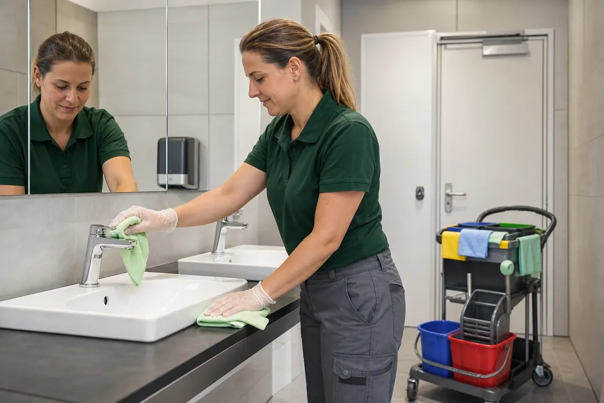 Eine Reinigungskraft wischt mit einem Mikrofasertuch Armatur und Ablage am Waschtisch eines Sanitärbereichs ab, im Türbereich steht der Reinigungswagen mit farbgetrennten Eimern.