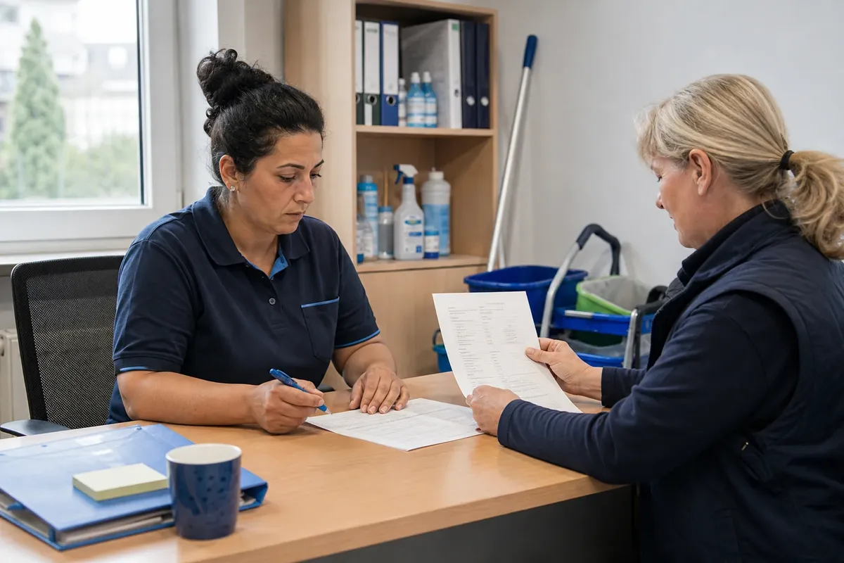Eine Reinigungskraft liest im Betriebsbüro ihren Arbeitsvertrag durch, während die Objektleiterin die Seite mit Stunden und Stundenlohn aufgeschlagen hält.