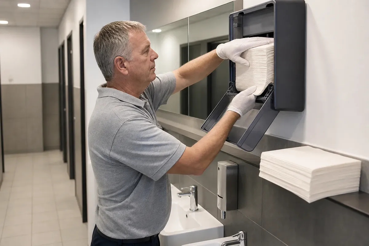 Ein Reinigungsmitarbeiter füllt im Sanitärbereich einer Büroetage den Papierhandtuchspender über dem Waschtisch auf.