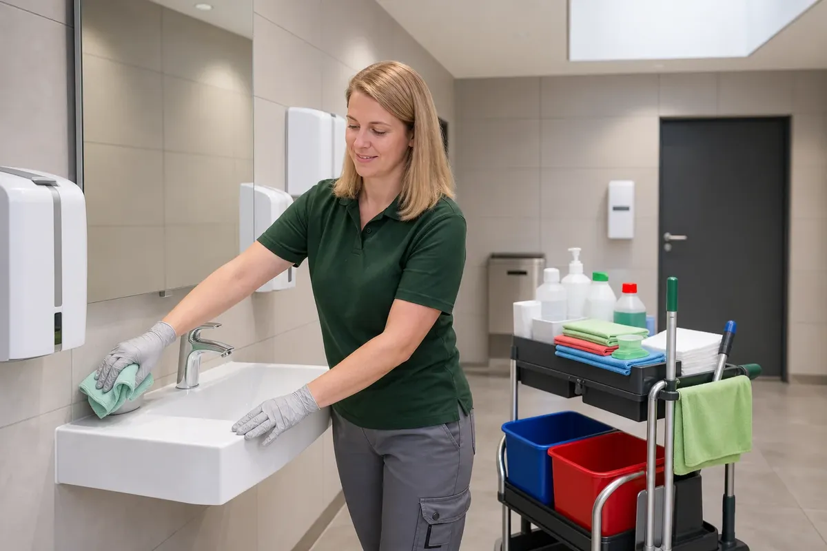Eine Reinigungskraft reinigt in einem Sanitärraum Waschbecken und Armatur, der Reinigungswagen steht daneben bereit.