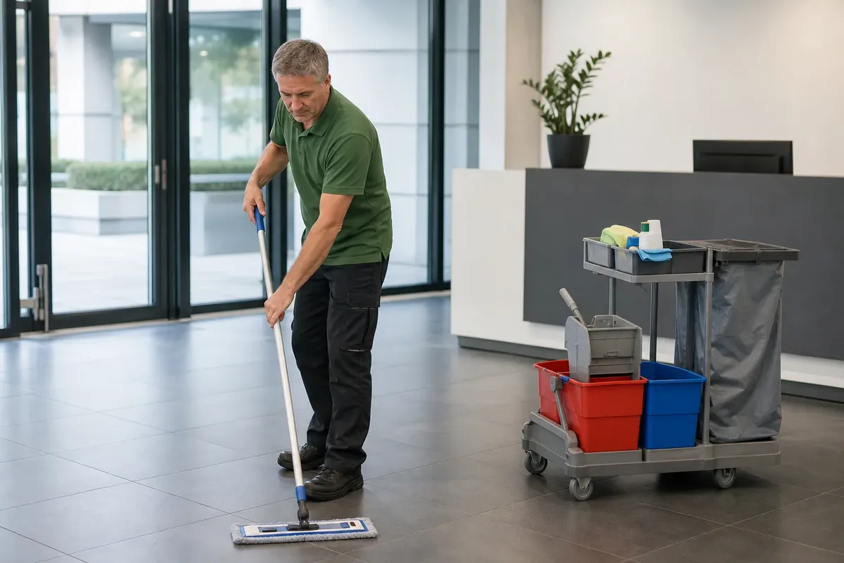 Ein Reinigungsmitarbeiter im olivgrünen Poloshirt wischt den Fliesenboden im Eingangsfoyer eines Bürogebäudes, neben ihm der Reinigungswagen mit zwei Eimern.