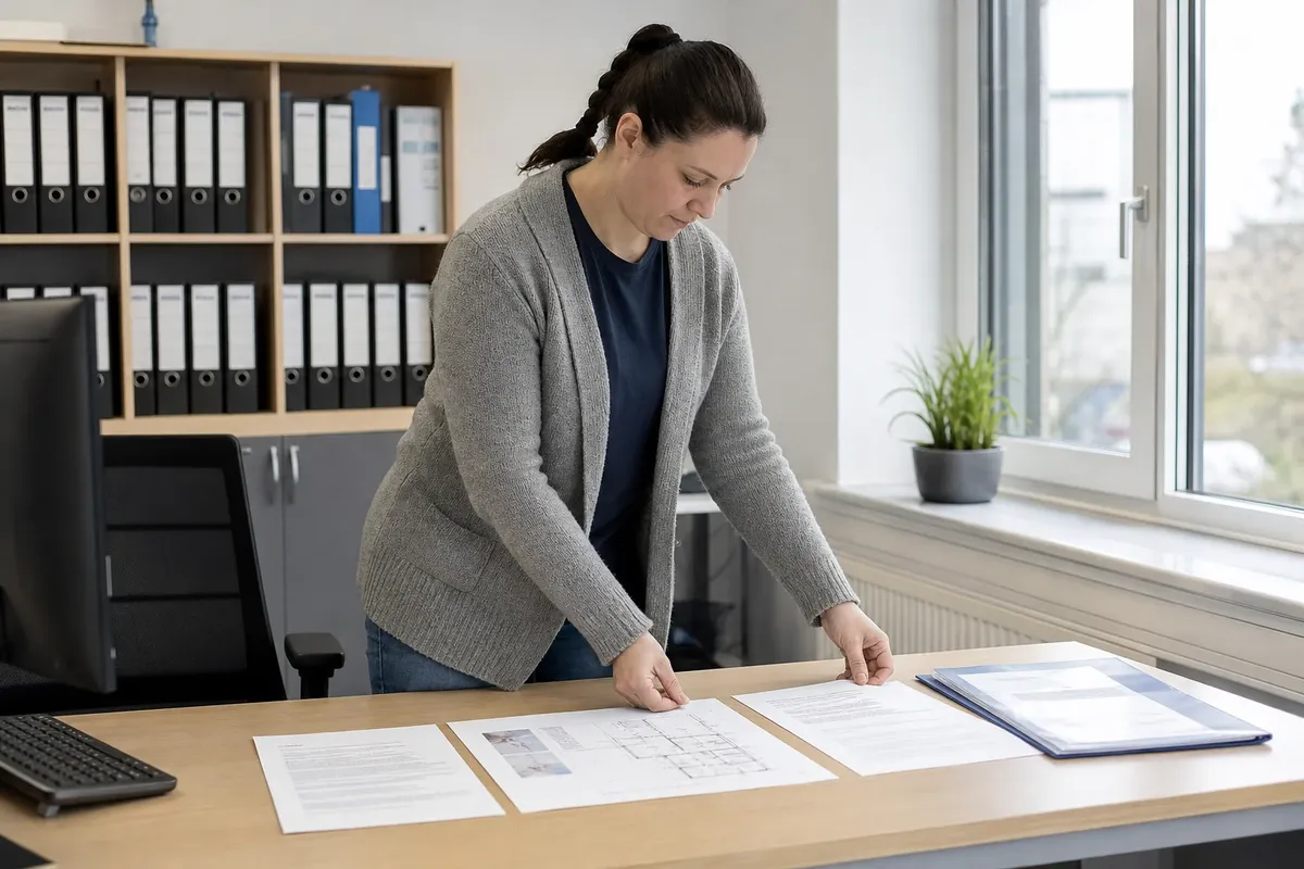 Eine Mitarbeiterin der Hausverwaltung ordnet am Schreibtisch ausgedruckte Ausschreibungsunterlagen mit Raumplan und Vertragsbedingungen zu einem Paket.