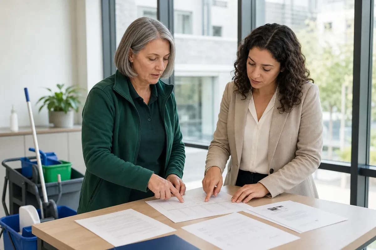 Eine Objektleiterin und eine Facility-Verantwortliche gehen an einem Besprechungstisch gemeinsam Leistungsverzeichnis und Nachweise einer Reinigungsfirma durch.