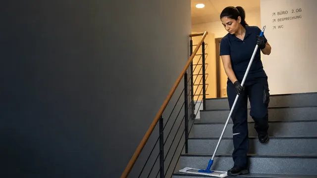 Eine Reinigungskraft wischt am Abend den Treppenabsatz eines Bürogebäudes, am Wischwagen hängt ein Klemmbrett mit dem Stundenzettel.