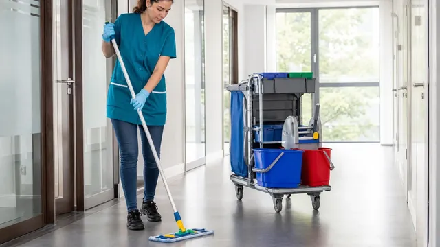Eine Reinigungsmitarbeiterin im petrolfarbenen Kasack wischt mit einem Flachwischer den Boden einer Büroetage, daneben steht ihr Reinigungswagen mit getrennten Eimern.