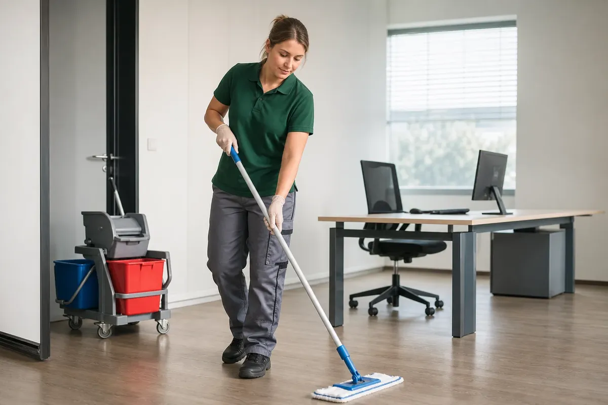 Eine Reinigungskraft wischt vor Arbeitsbeginn den Hartboden eines leeren Einzelbüros mit dem Flachwischer, der Reinigungswagen steht an der Tür.
