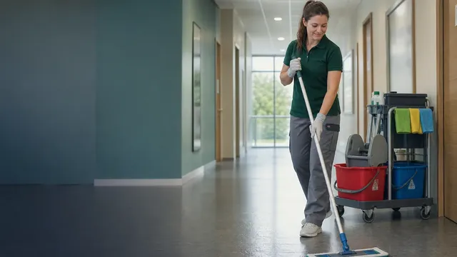 Eine Reinigungskraft wischt mit dem Flachwischer eine lange Bahn über den Linoleumboden eines Büroflurs, daneben steht der Reinigungswagen mit getrennten Eimern.