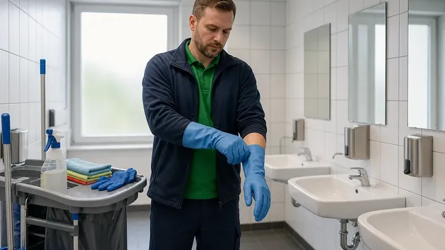 Ein Reinigungsmitarbeiter zieht im gefliesten Sanitärbereich neben seinem Reinigungswagen einen blauen Schutzhandschuh mit langer Stulpe über die Hand.