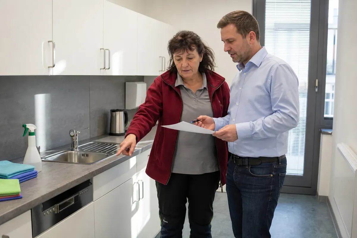 Eine Objektleiterin und ein Auftraggeber gehen bei der Begehung in der Teeküche die Raumgruppen des Vergleichsrasters durch.