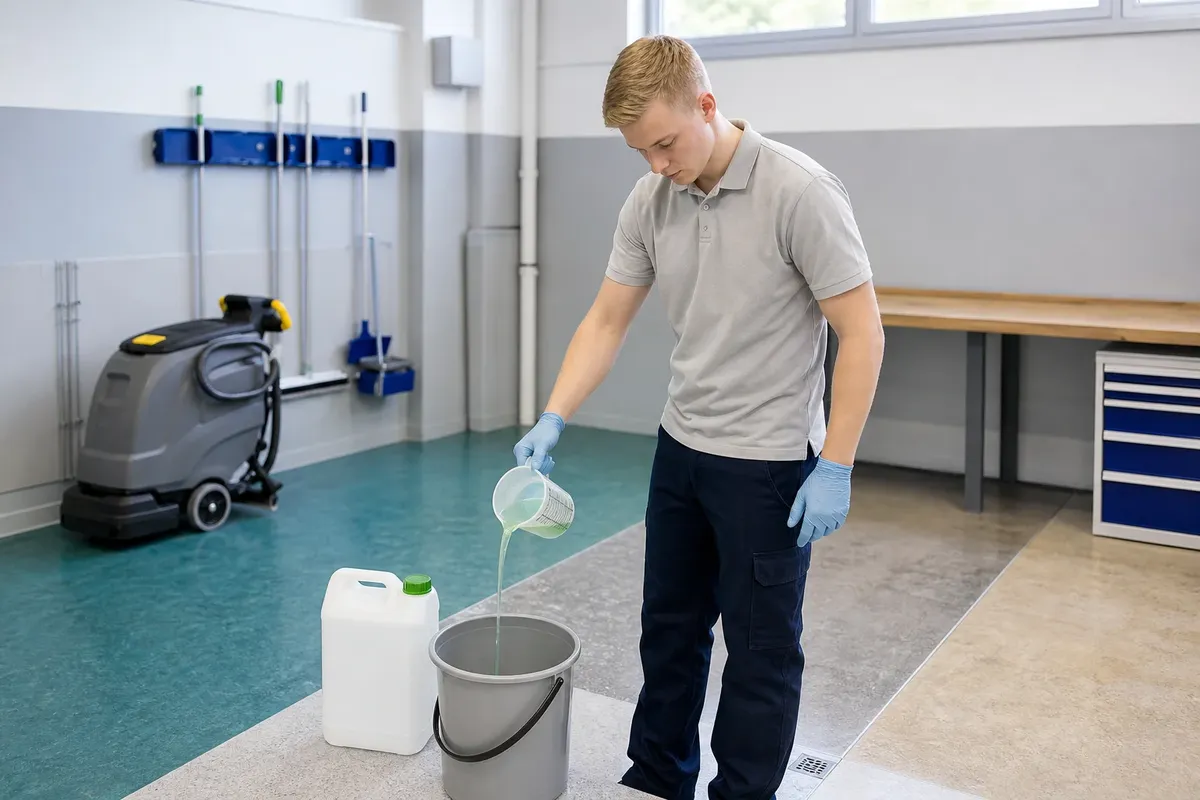 Ein junger Auszubildender mit Schutzhandschuhen dosiert in einer Lehrwerkstatt Reinigungsmittel mit einem Messbecher, vor ihm liegen Musterbeläge aus Linoleum und Stein.