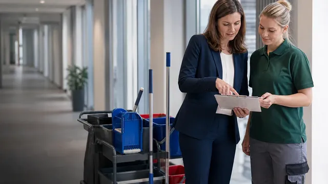 Eine Objektverantwortliche und eine Reinigungskraft gehen am Reinigungswagen im Büroflur gemeinsam die ausgedruckte Leistungsliste durch.