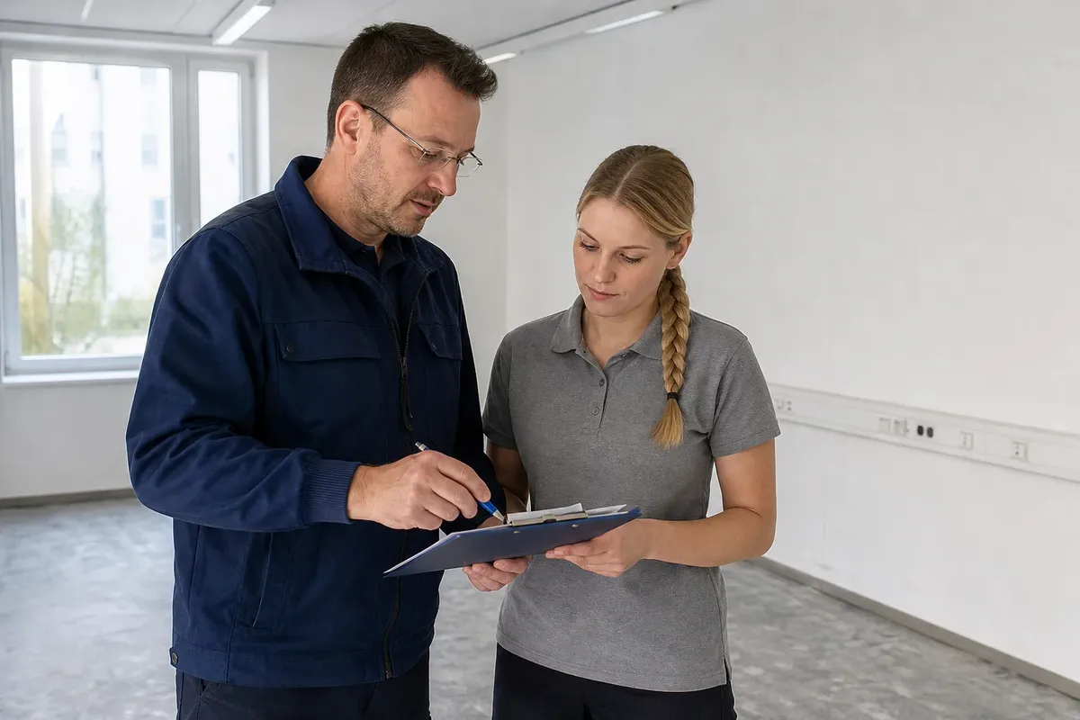 Ein Objektleiter und eine Vorarbeiterin stehen in einem leergeräumten Büro und tragen die geänderte Fläche in ein Raumverzeichnis ein.