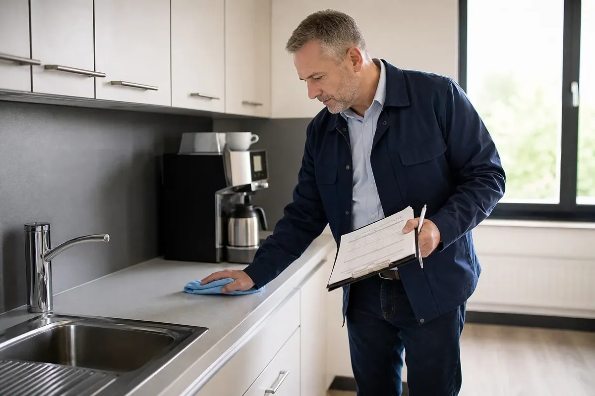 Ein Objektleiter kontrolliert in der Teeküche einer Büroetage die Arbeitsfläche neben der Spüle und notiert das Ergebnis auf seinem Klemmbrett.