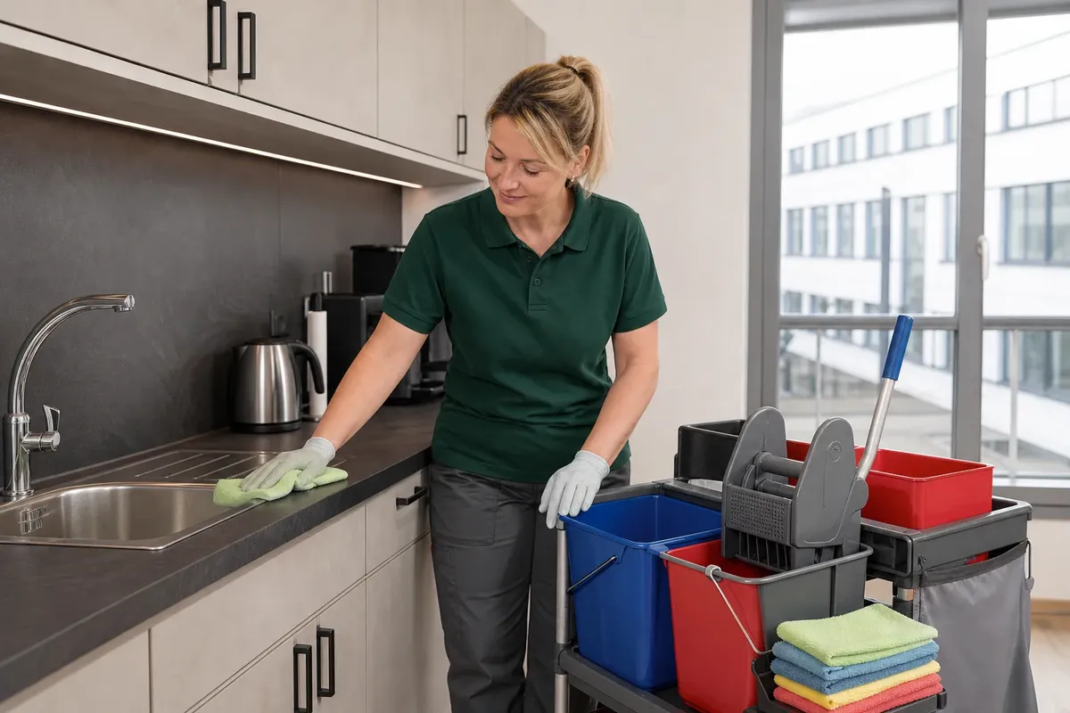 Eine Reinigungskraft wischt die Arbeitsfläche neben der Spüle in der Teeküche mit einem Mikrofasertuch feucht ab, daneben steht der Reinigungswagen mit getrennten Eimern.