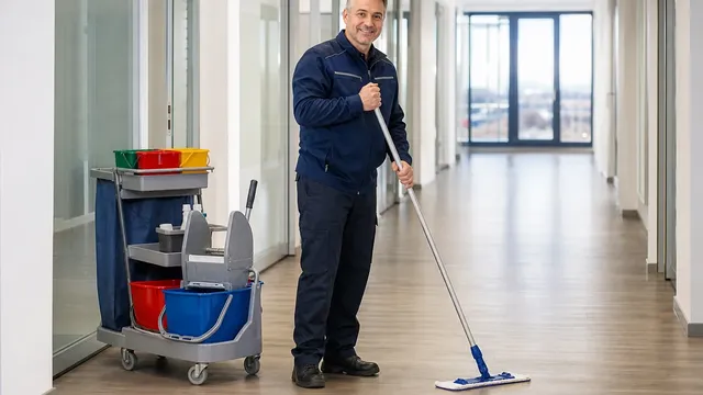 Ein Reinigungsmitarbeiter in dunkelblauer Arbeitsjacke steht mit Flachwischer und Reinigungswagen im Flur einer Büroetage und blickt lächelnd auf.