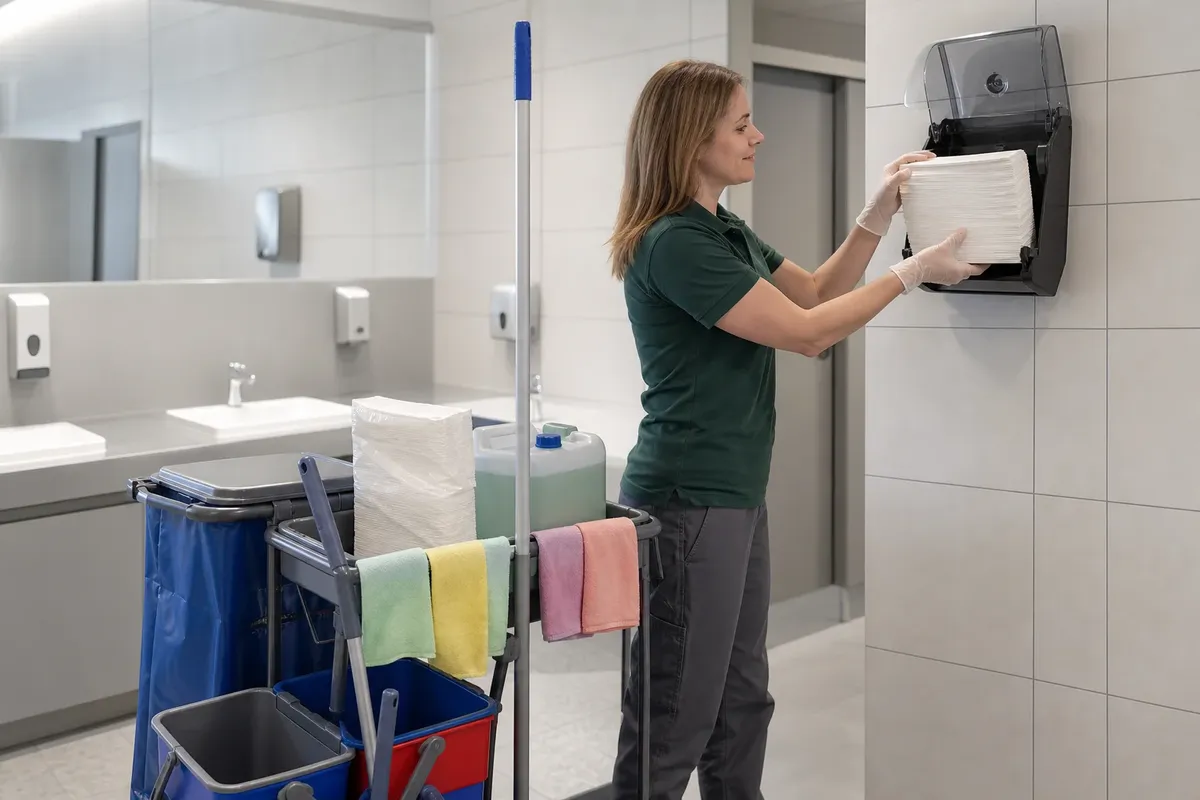 Eine Reinigungskraft füllt im Sanitärbereich den Papierhandtuchspender nach, das Verbrauchsmaterial liegt auf dem Reinigungswagen bereit.