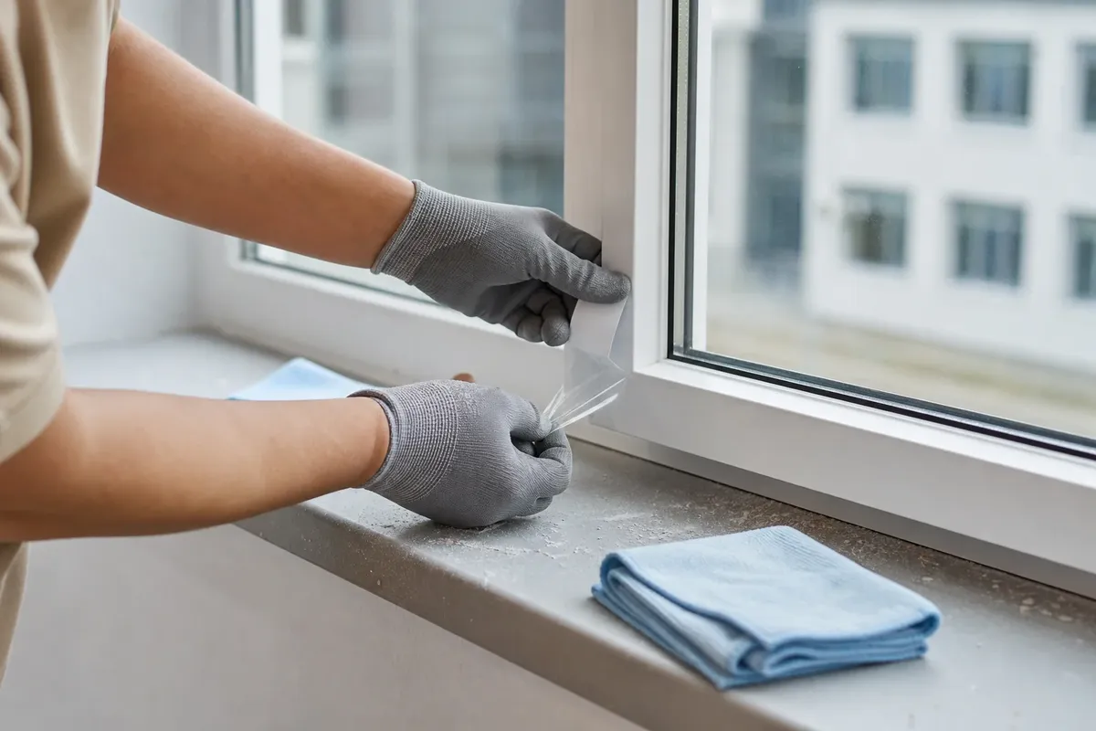 Nahaufnahme: Hände in Arbeitshandschuhen ziehen nach der Renovierung Etikett und Schutzfolie von einem neuen Fensterrahmen ab, daneben liegt ein Mikrofasertuch.