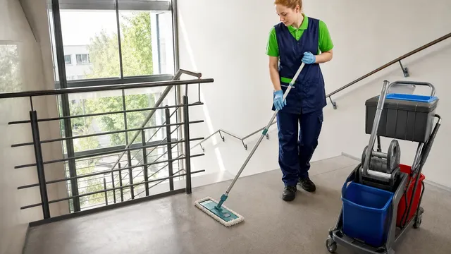 Eine junge Auszubildende in Arbeitsweste wischt mit einem Flachmopp das Podest in einem Treppenhaus, daneben steht ihr Reinigungswagen.