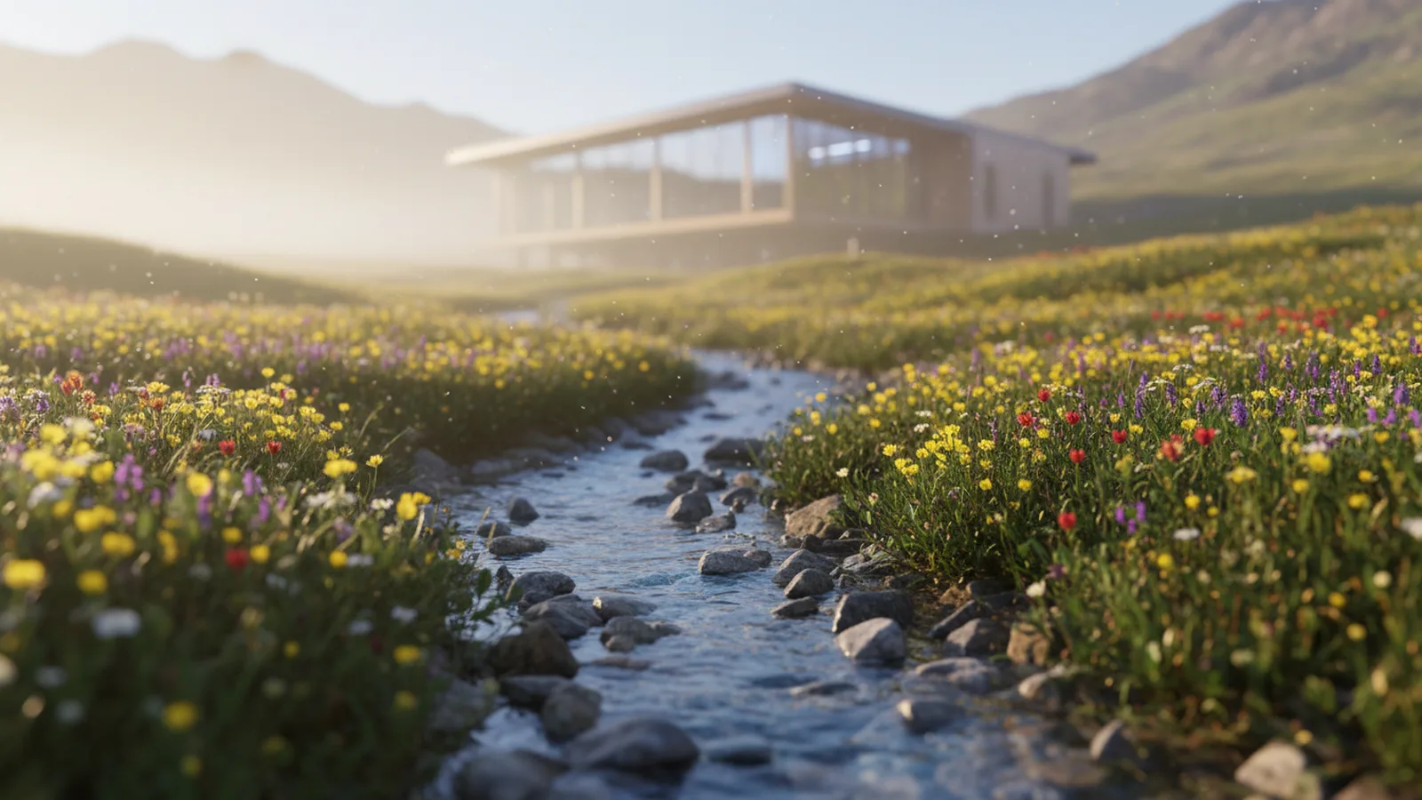 Drei Bergbäche vereinen sich zu einem Fluss, kleines Rechenzentrum in der Wiese