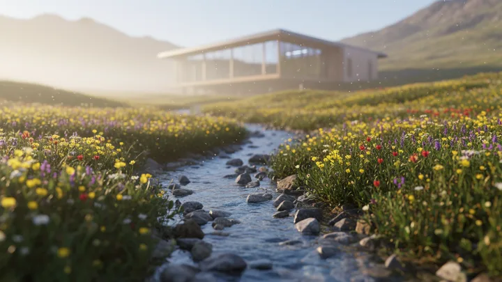 Drei Bergbäche vereinen sich zu einem Fluss, kleines Rechenzentrum in der Wiese