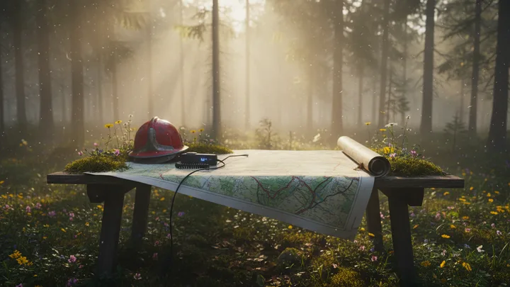 Stabstisch mit Lagekarte und Feuerwehrhelm auf einer Waldlichtung im Morgenlicht