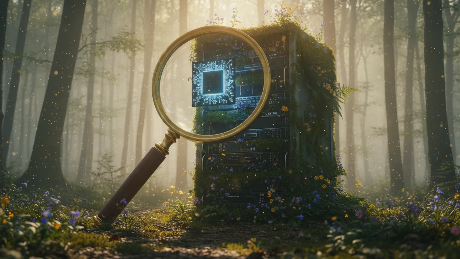 Lupe an einem bemoosten Server-Rack im nebligen Wald