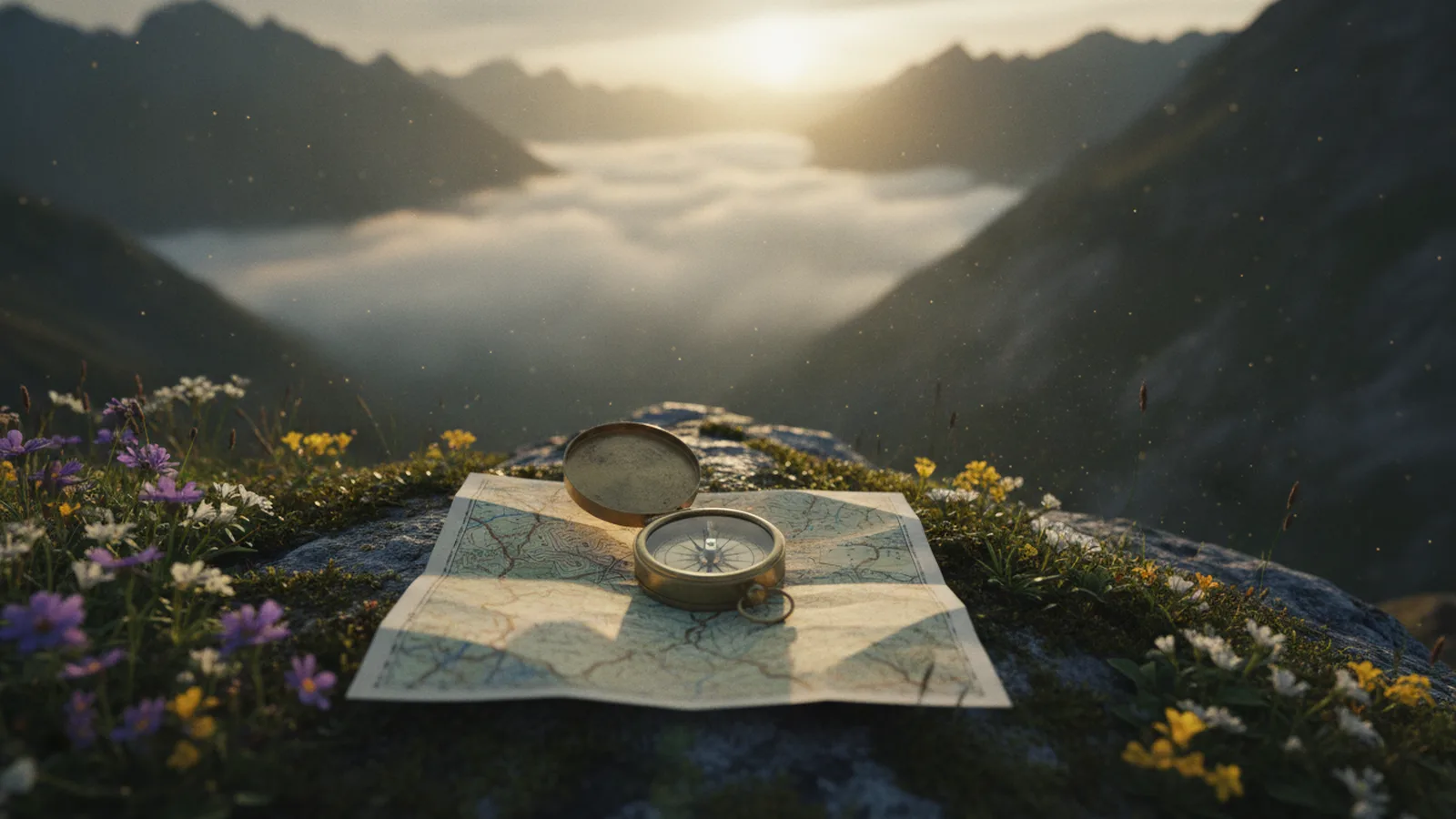 Messingkompass auf einer Landkarte über einem nebligen Alpental