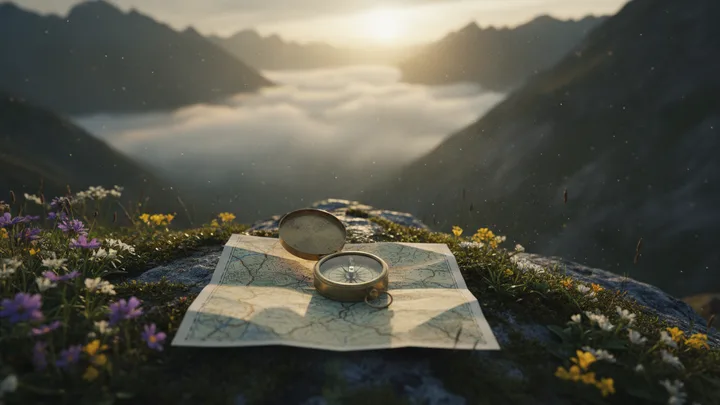 Messingkompass auf einer Landkarte über einem nebligen Alpental