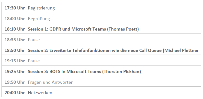 Agenda des Microsoft Teams User Group Treffens im Februar 2018