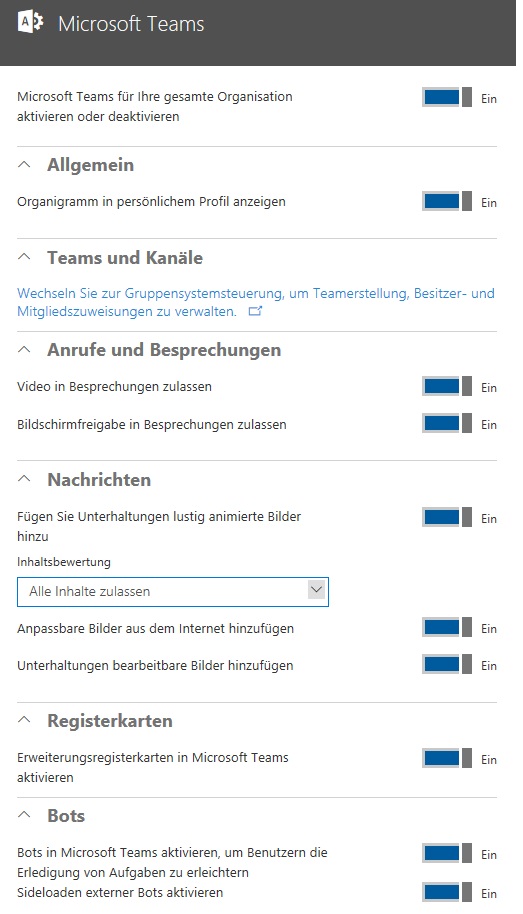 Übersicht der Admin-Optionen