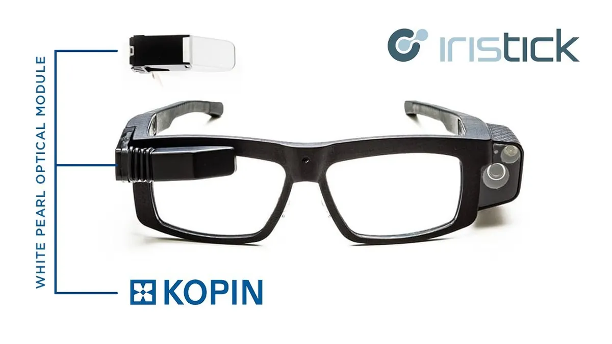 Kopin White Pearl optical module inside Iristick smart glasses