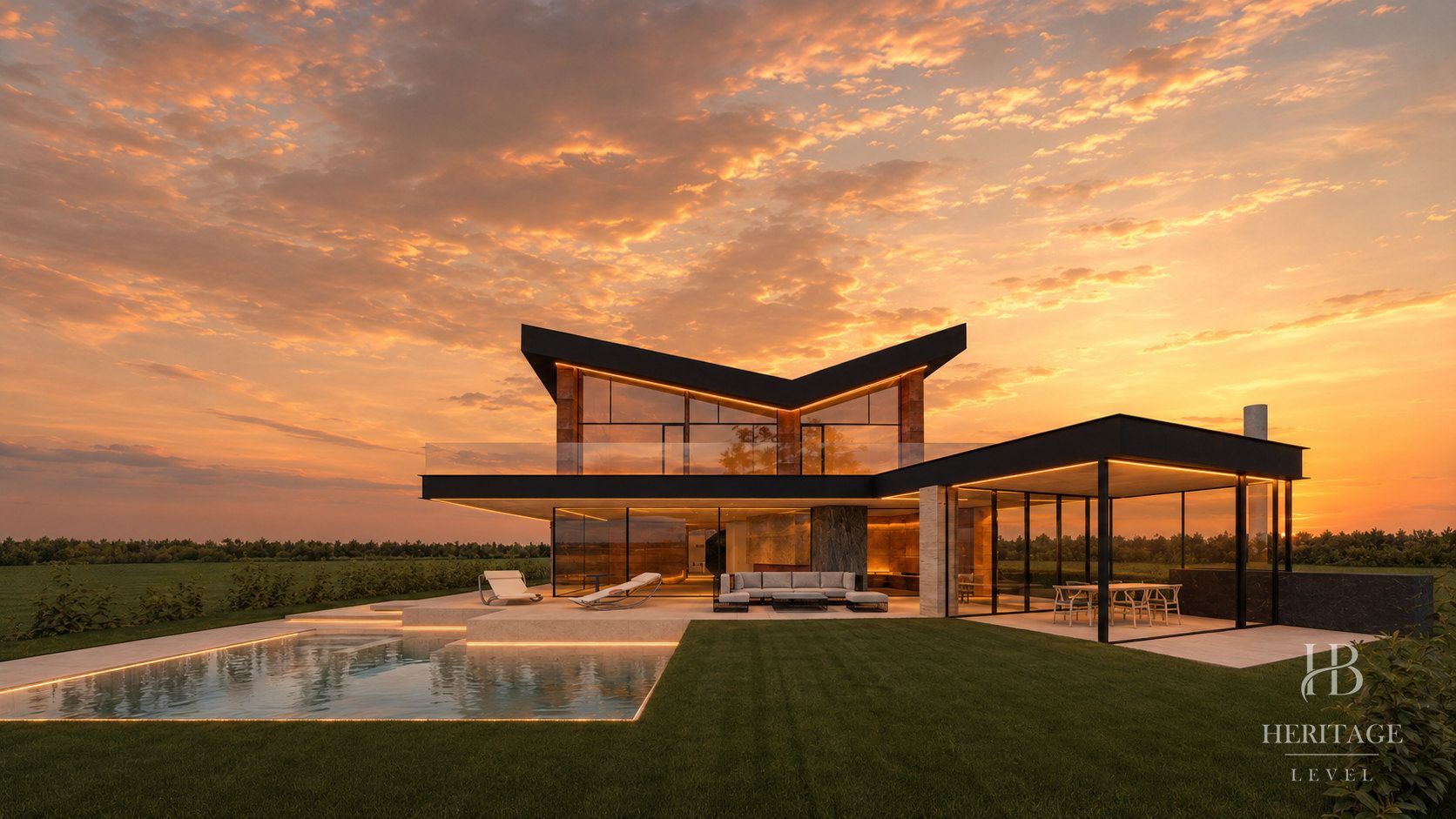 Vista amplia del jardín, la piscina y el pabellón de KEYSTONE al atardecer