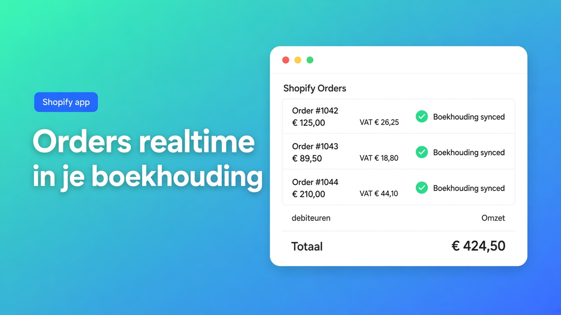 Met een Shopify e-Boekhouden koppeling gaan orders, klanten en refunds realtime naar e-Boekhouden.nl — zonder overtypen of extra wachttijd.