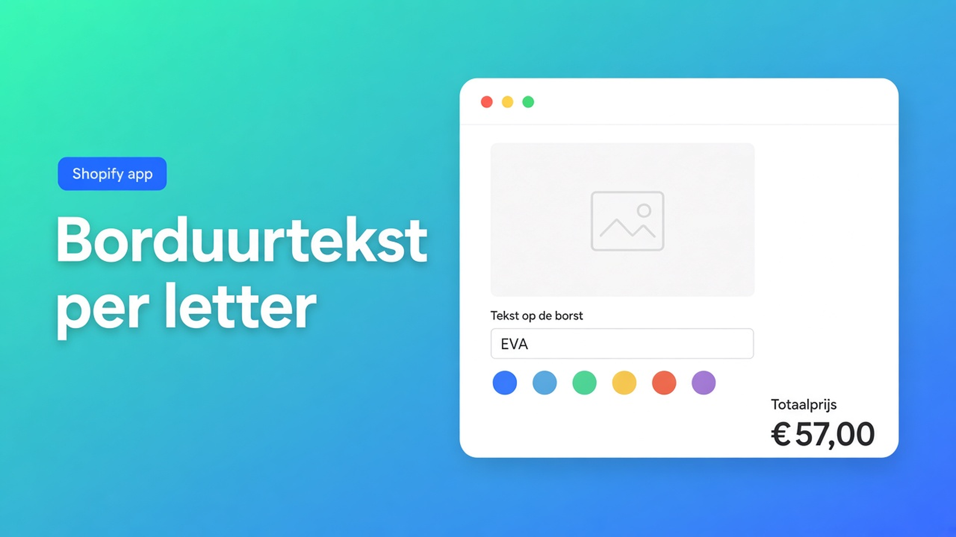 Shopify borduring tekst toeslag: klant typt een naam, jij rekent setup plus per teken — zonder een variant per zin. Geen extra SKU.