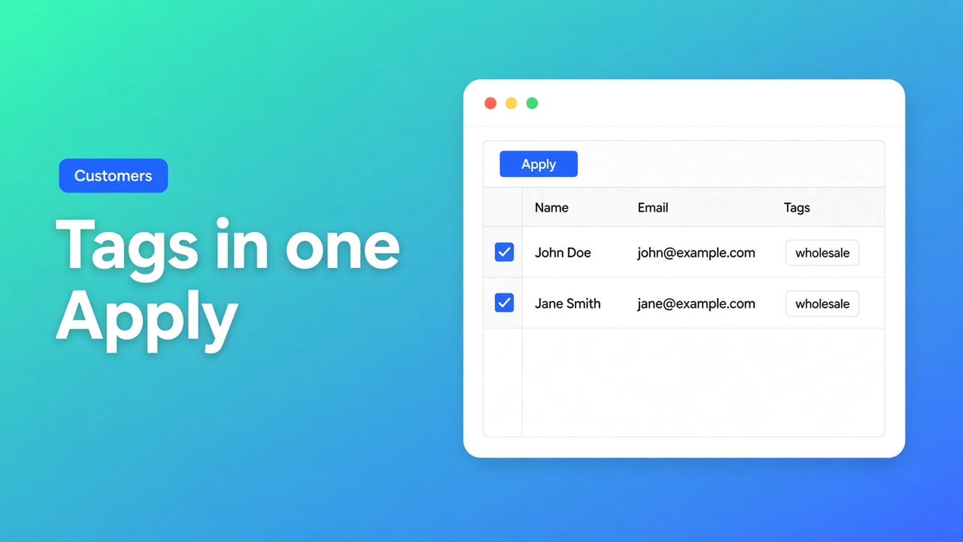 Shopify bulk update customer tags in the spreadsheet: filter, select-all matching up to 50,000, stage tags, then Save — next to locale and tax exempt.
