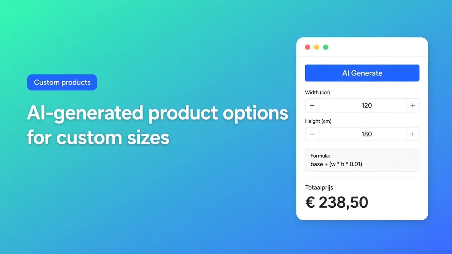 AI generate Shopify product options from a plain-language product description, then review fields and the pricing formula before customers check out.