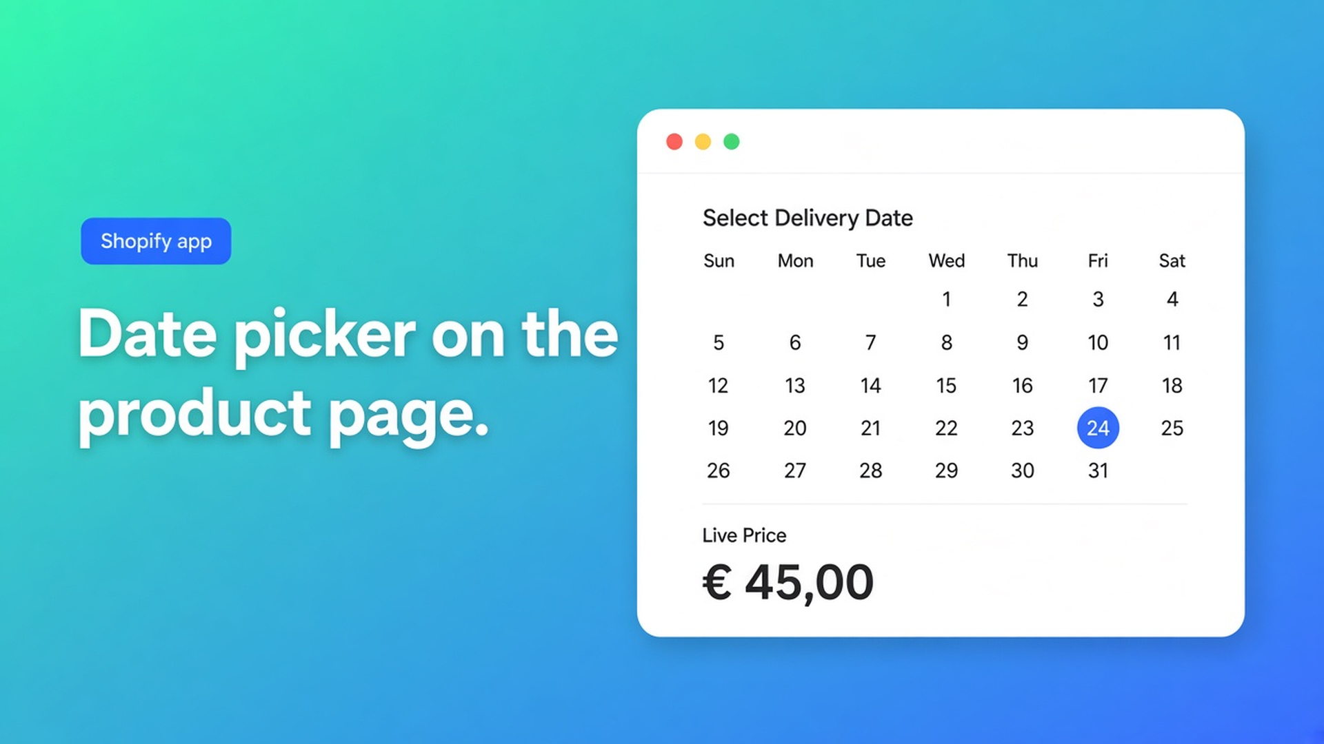 Shopify date picker product option: shoppers pick a delivery or engraving date on the product page. No variant per day; the date rides on the line.