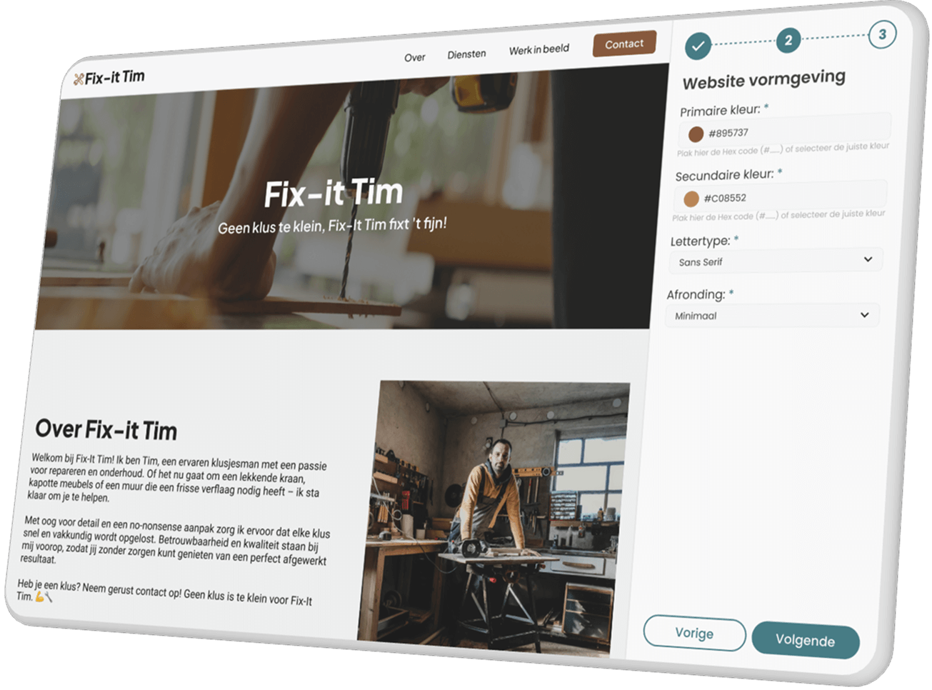 Mockup van de tool voor zelf een website maken