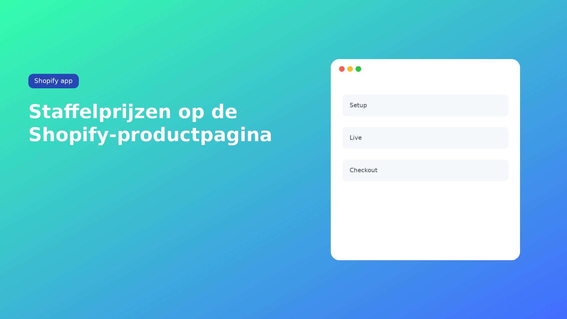 Shopify quantity breaks op de productpagina: 1–9, 10–49, 50+ als tabel, chips of kaarten. Vast bedrag of procent. Starter-plan, theme-embed aan.