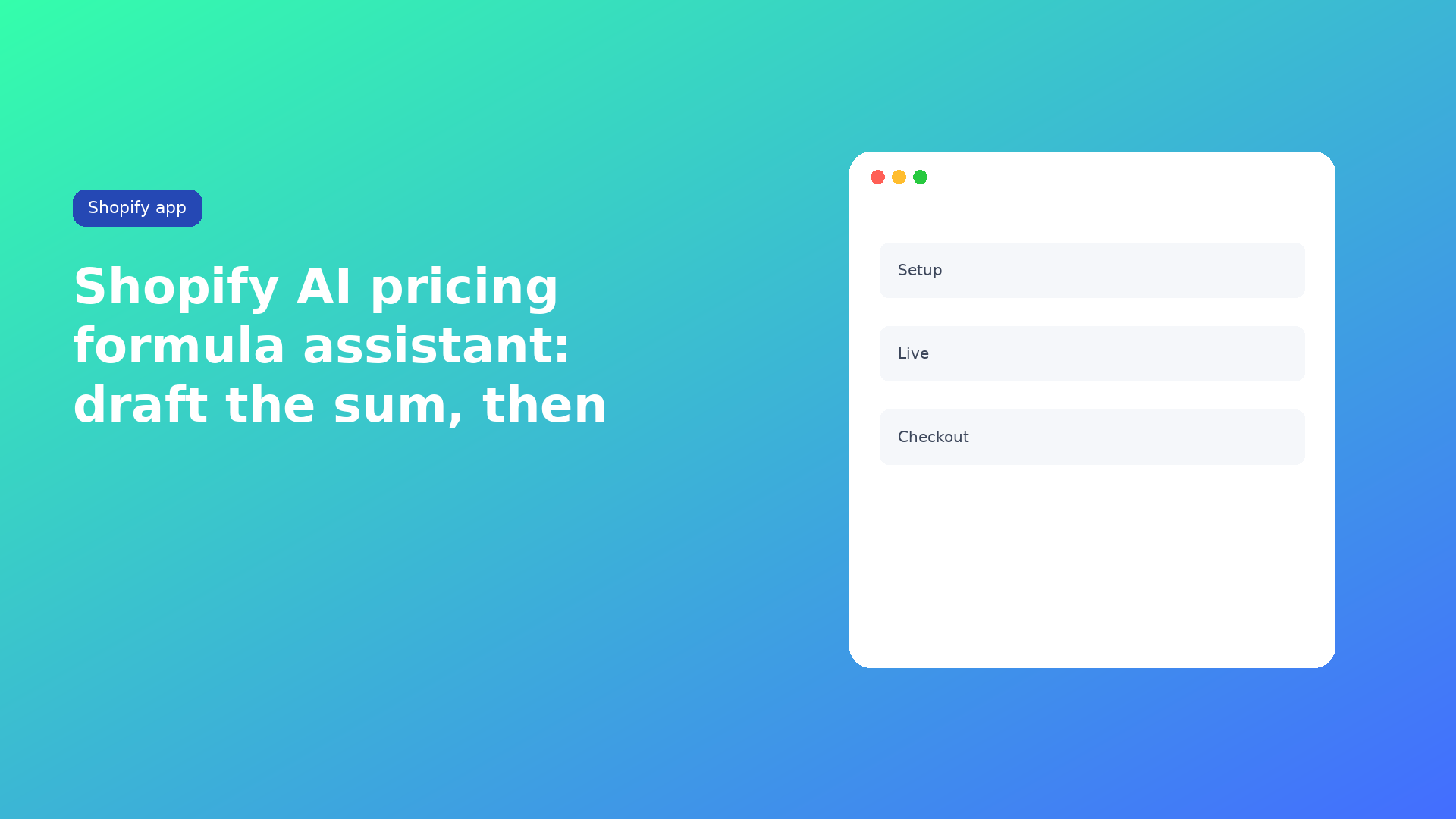 Shopify AI pricing formula assistant: generate a formula on an existing calculator. Starter: standard math. If/then is Premium. Preview before you save.