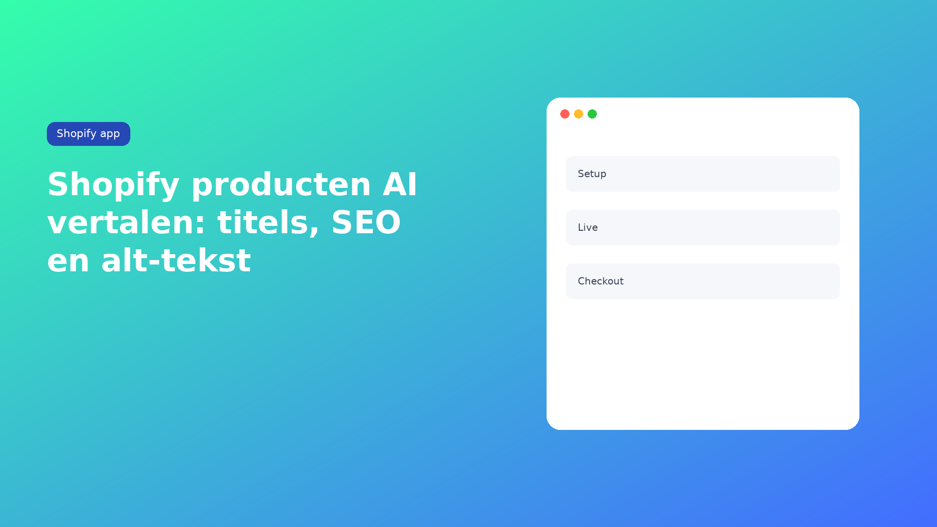 Shopify producten AI vertalen: titel, beschrijving, SEO en alt. Active of ook draft/archived/unlisted. Jobs slaan handles en SKU’s over. Eigen AI of App AI.